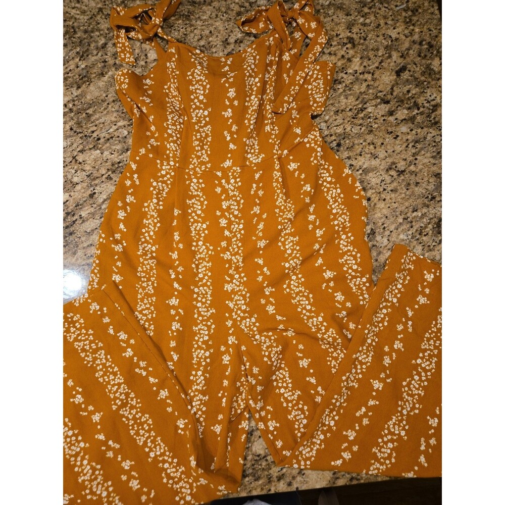 BCBG Paris Womens Floral Tie Shoulder Wide Leg Jumpsuit Burnt Orange Medium
